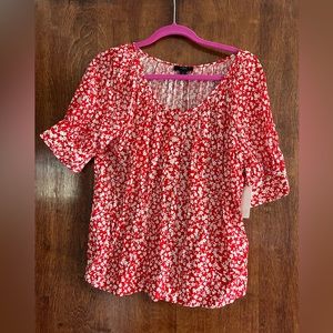 J. Crew Red and White Floral Short Sleeve Blouse